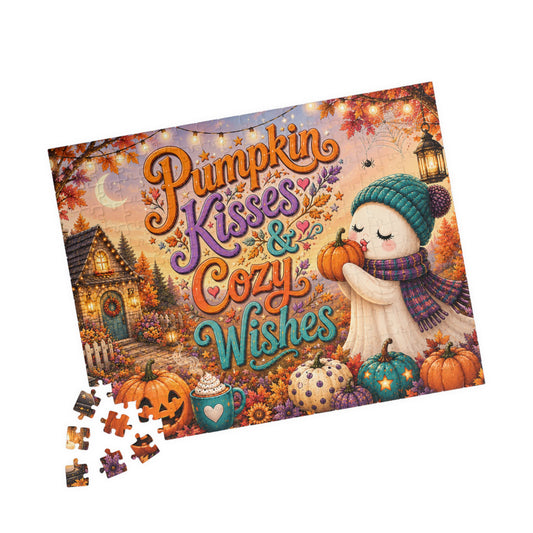 Pumpkin Kisses & Cozy Wishes Halloween Puzzle - Beanie Ghost with Pumpkins, Heart Mug, and Fall Leaves