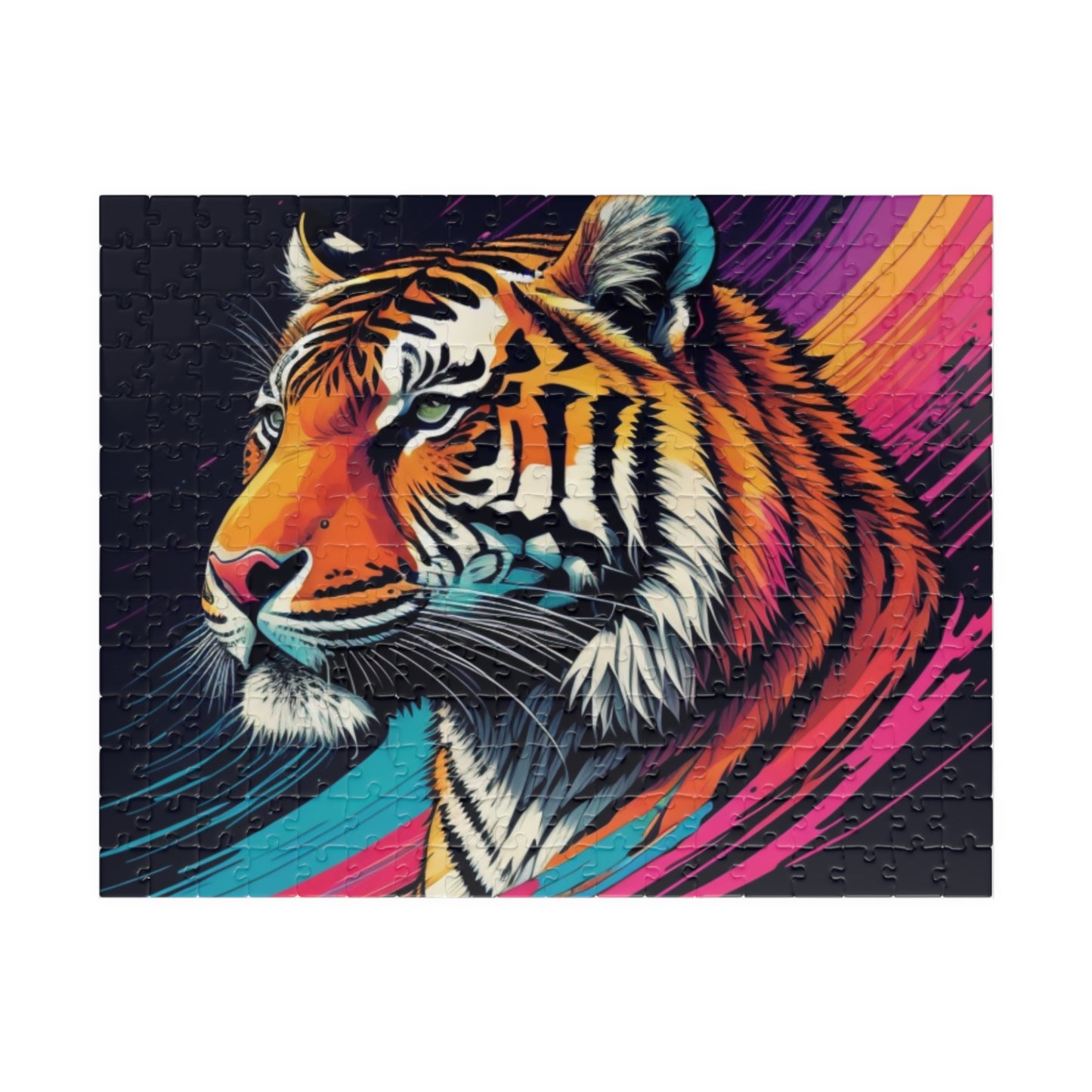 Detailed close-up of tiger stripes, printed on a puzzle that celebrates resilience and natural beauty