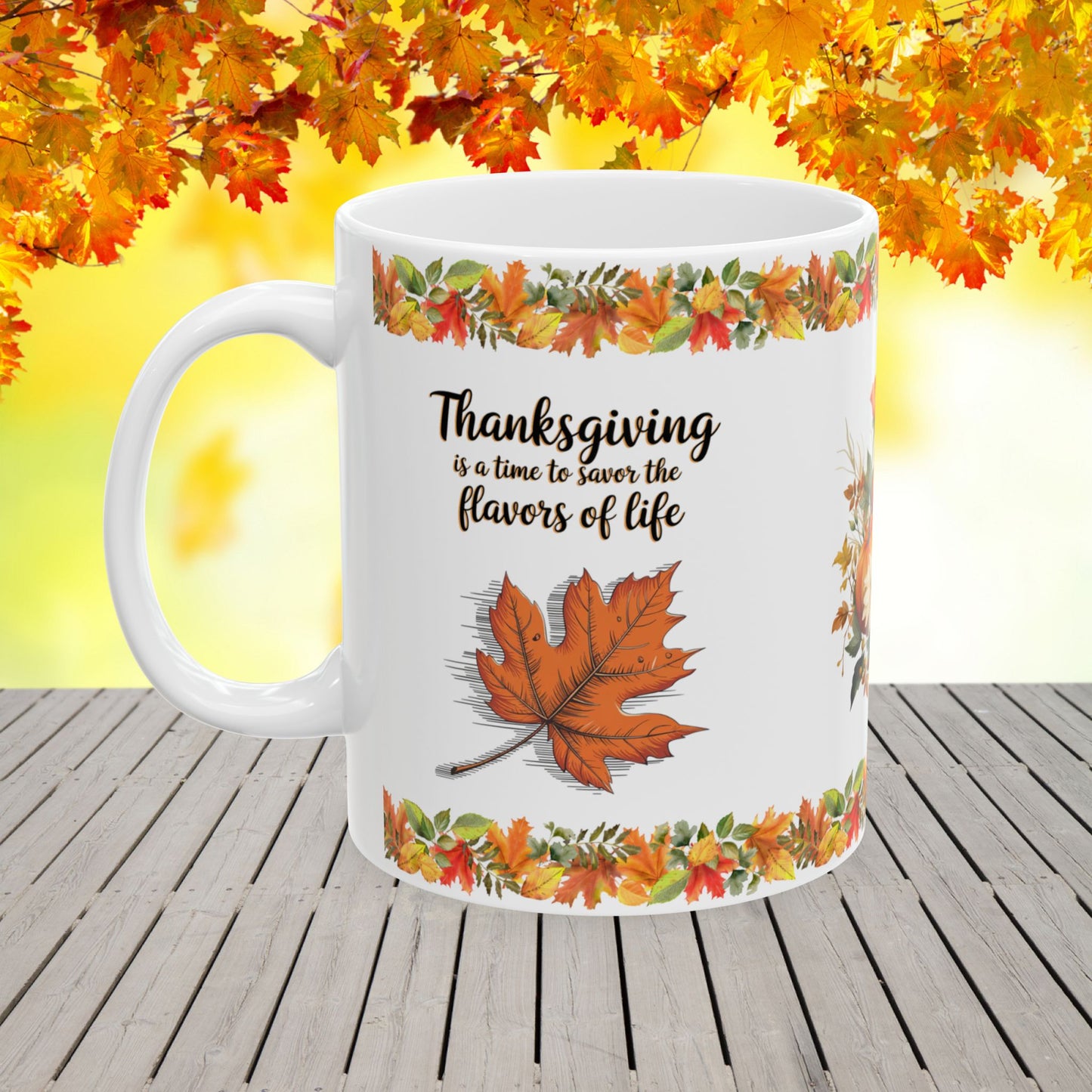Thanksgiving Ceramic Mug with "Savor Life’s Flavors" for Enjoying Good Food and Gratitude