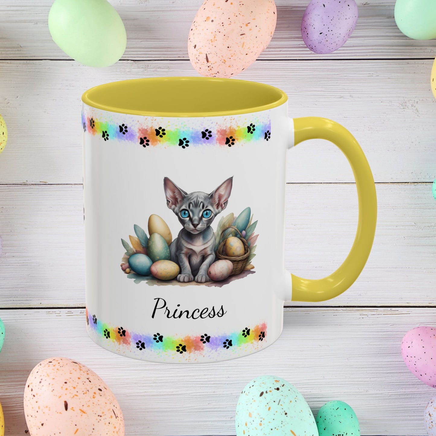 Sphynx personalized Easter coffee mug, adorable kitten design, cute cat gift for mental health support