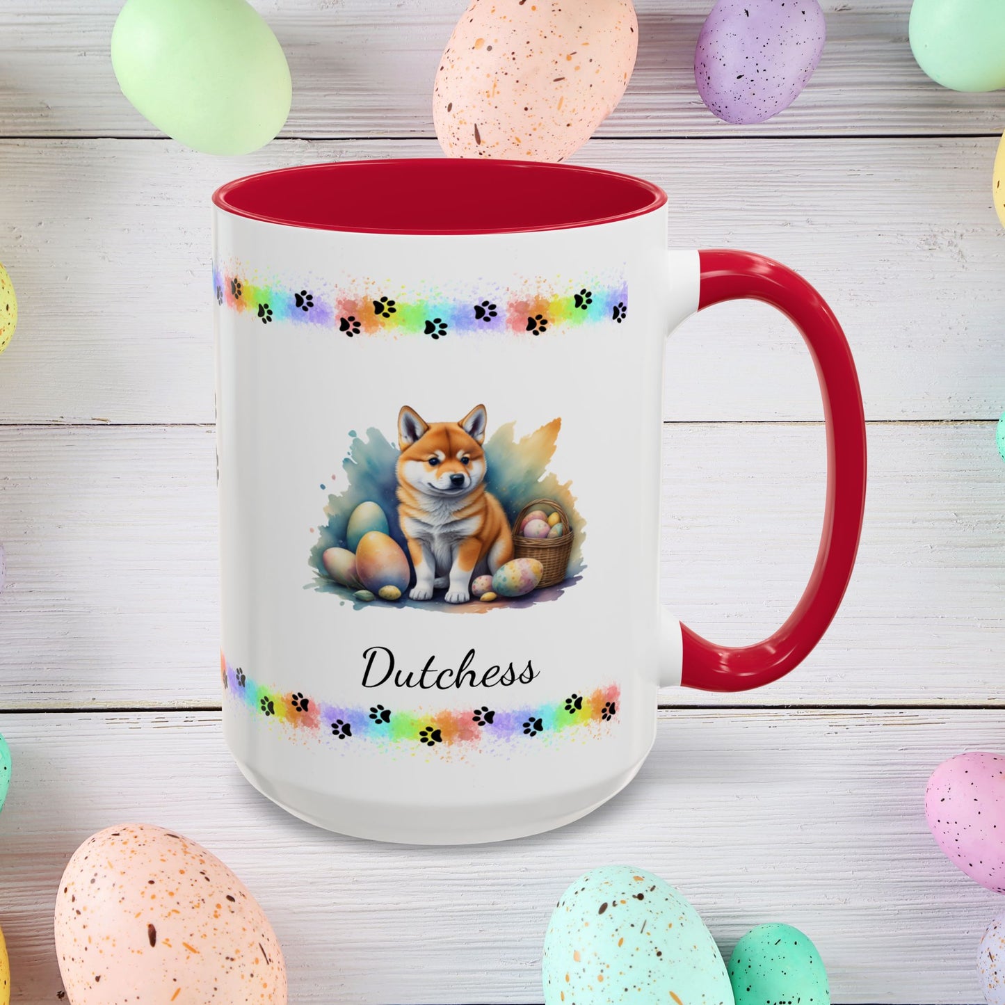 Shiba Inu Easter puppy coffee mug personalized for dog lovers, perfect for mental health support and Easter happiness.
