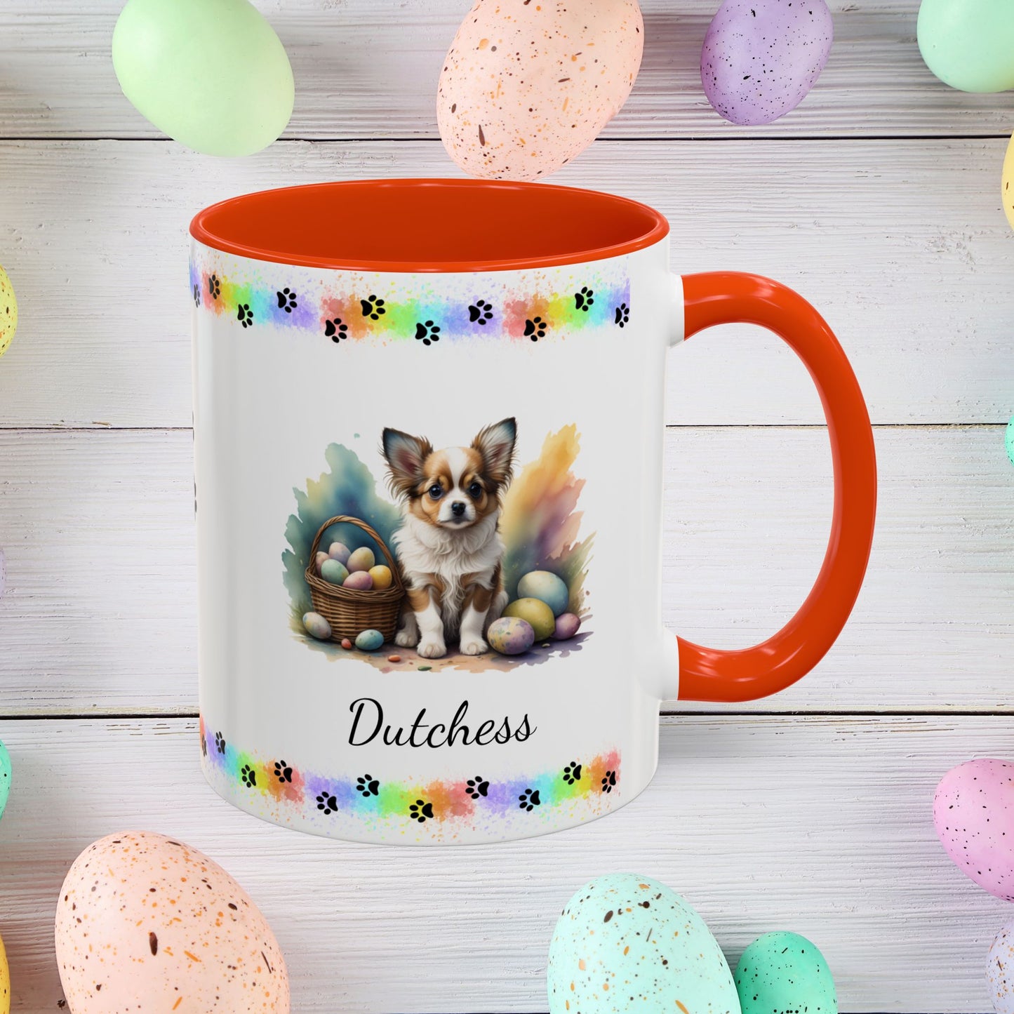 Papillon Brown & White Easter puppy coffee mug, personalized cute dog gift for mental health awareness and comfort