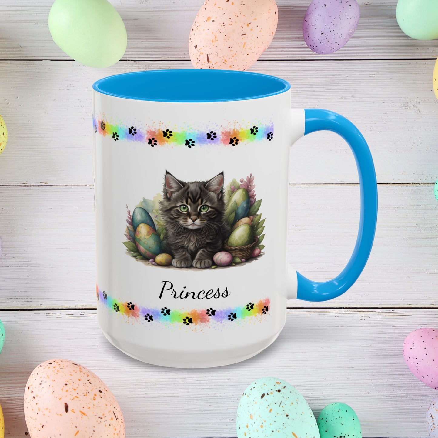 Maine Coon Easter kitten mug, personalized cute cat coffee cup, gift for mental health support and comfort