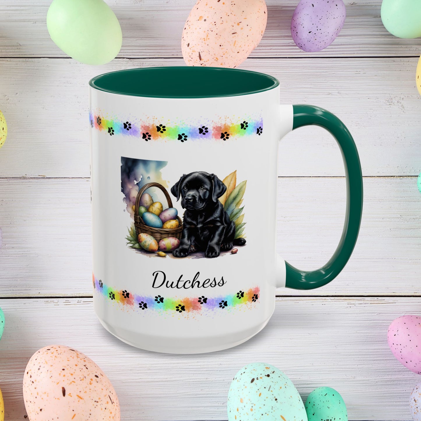 Black Labrador Easter puppy coffee mug, personalized cute dog design, mental health support and cozy sipping