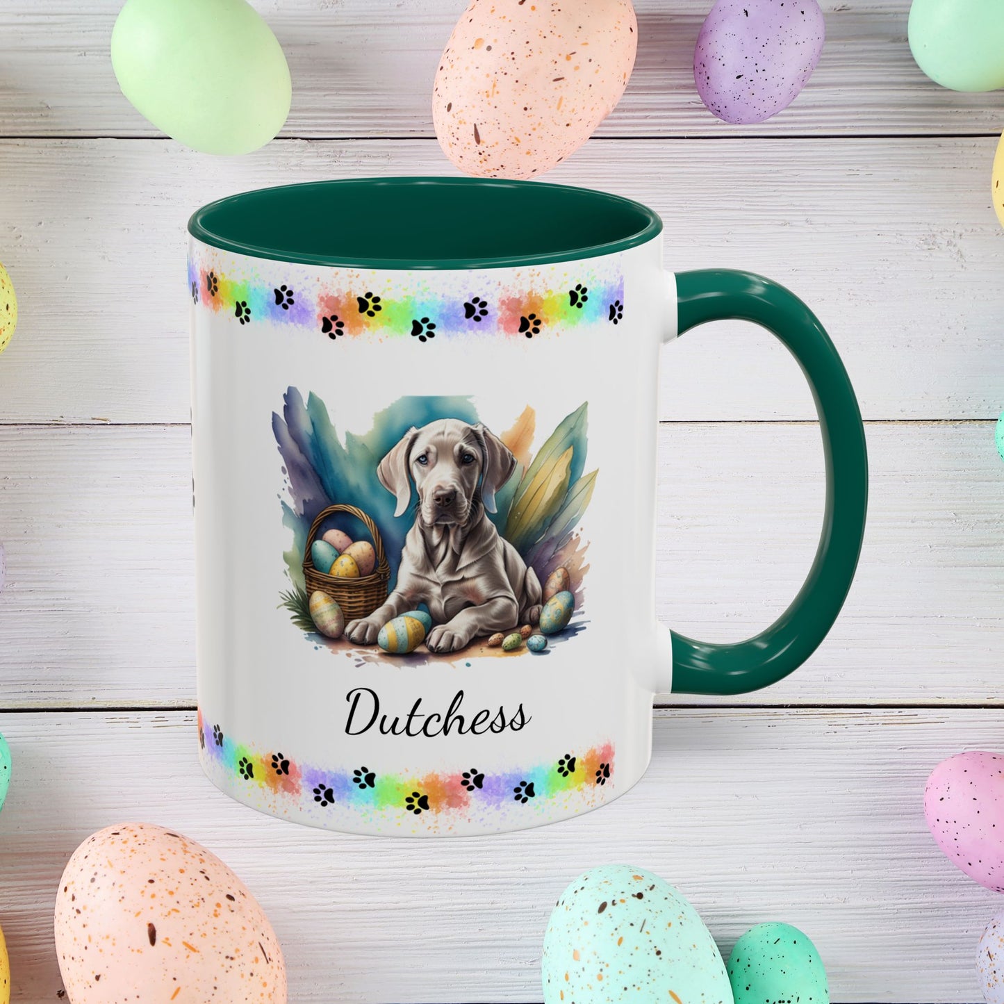 Weimaraner taupe Easter puppy coffee mug personalized dog design, ideal for promoting calm, comfort, and spring cheer.