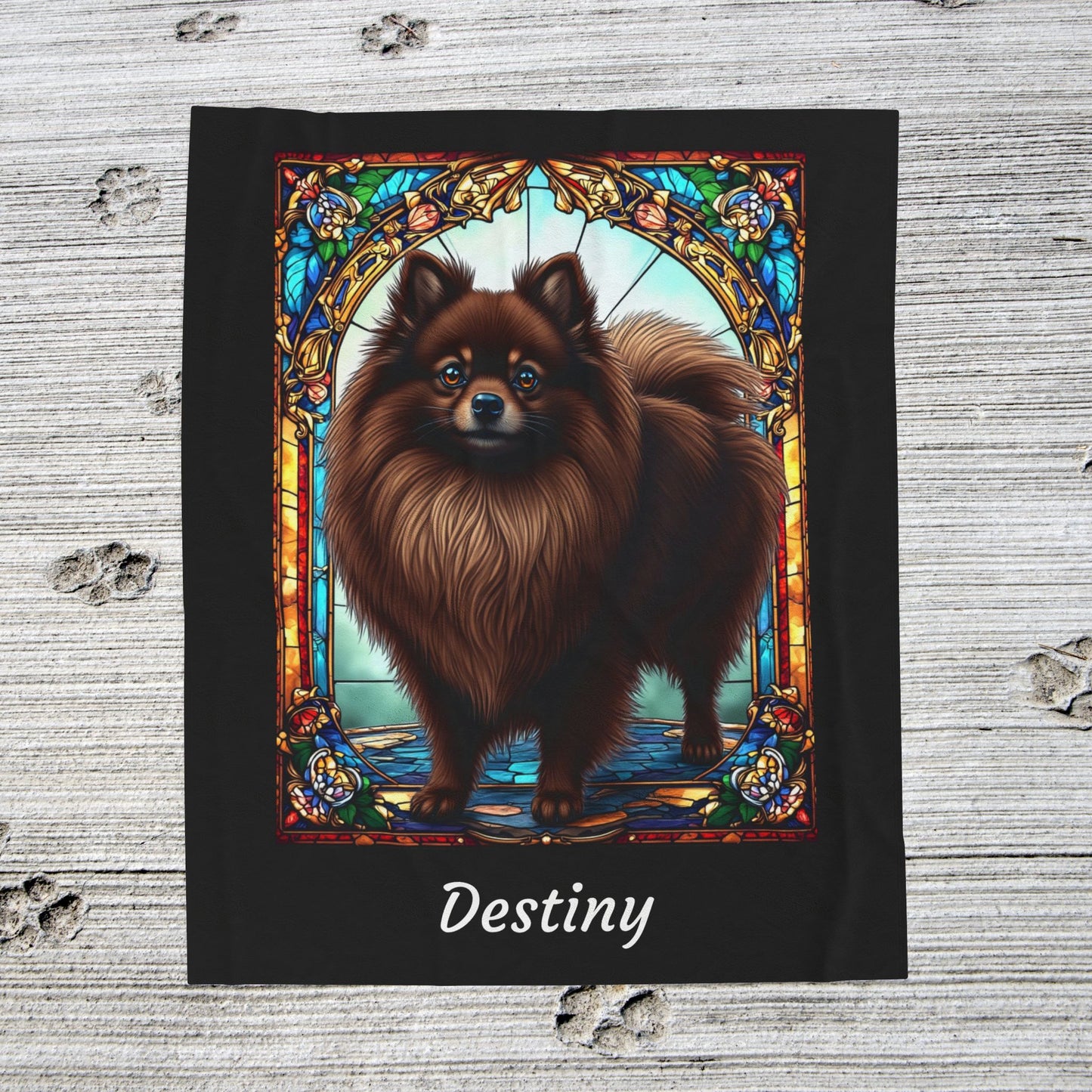 Pomeranian Chocolate Coat Blanket, Velveteen Plush Stained Glass Dog Art Throw, Custom Gift for Humans