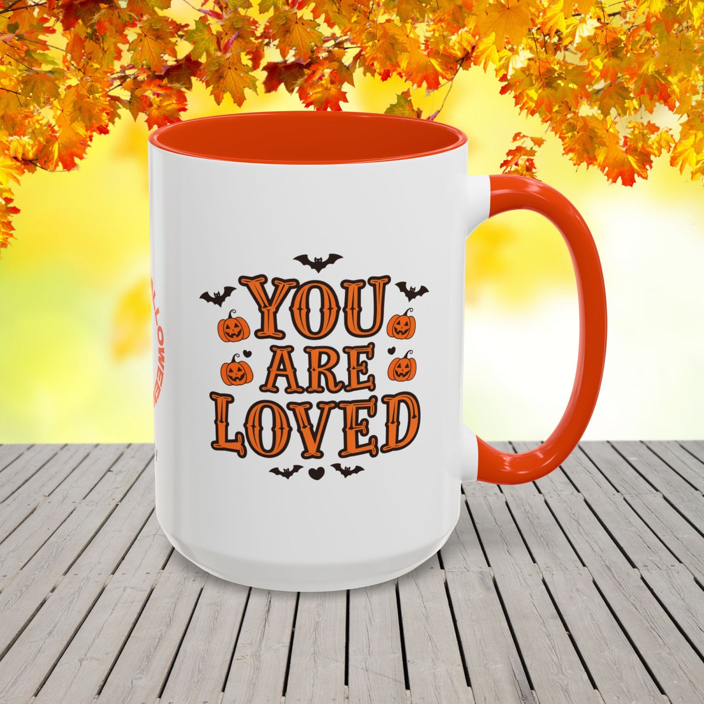 Personalized Halloween mug with “You Are Loved” quote, comforting mental wellness gift with name.