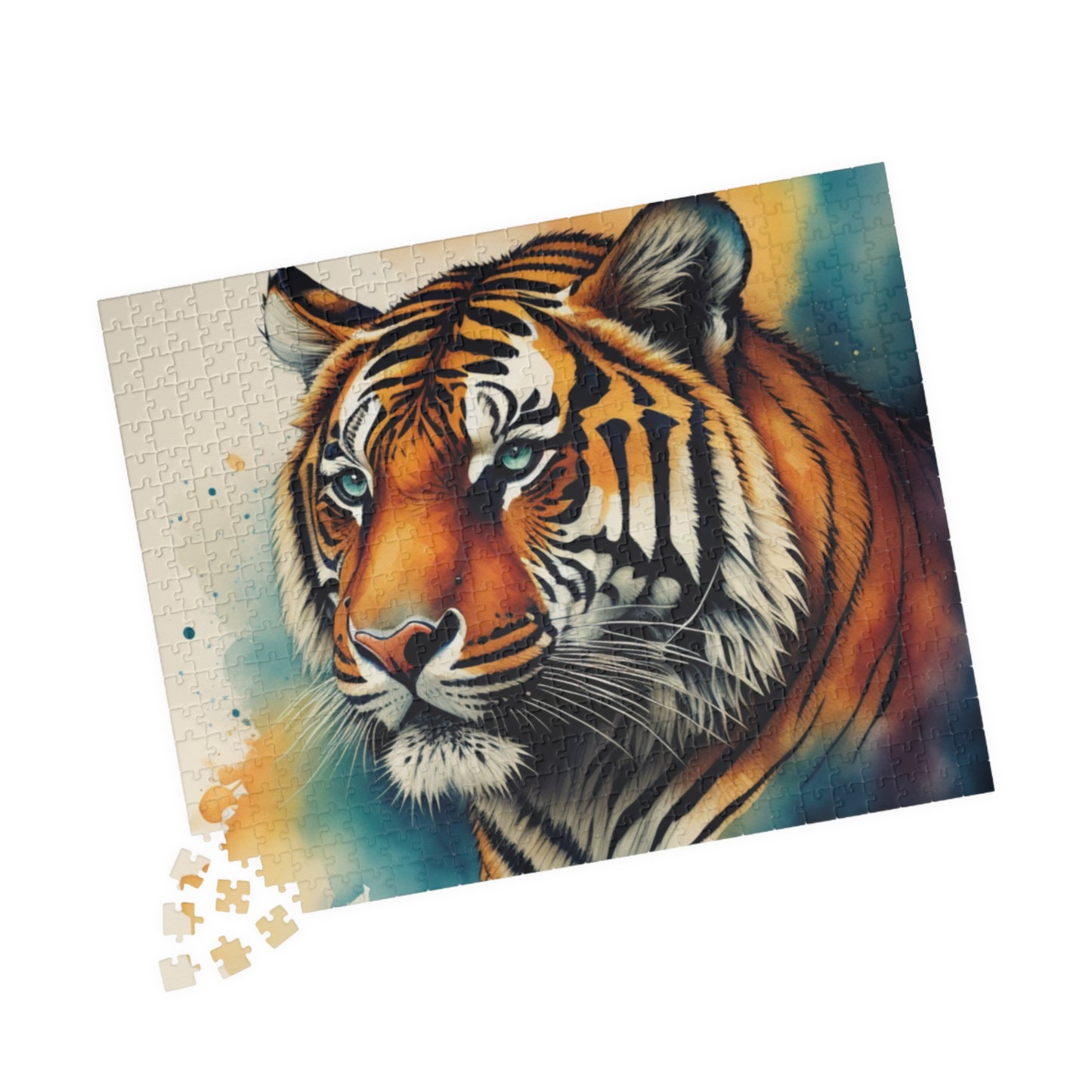 Tiger with intense gaze in colorful background, featured in a puzzle about growth and creative energy