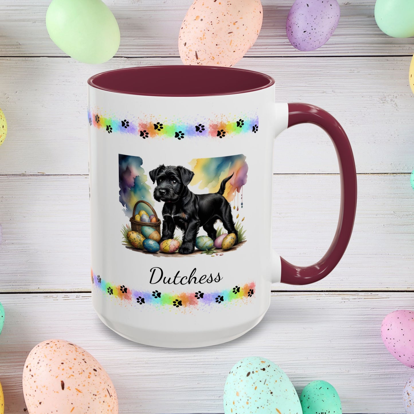 Black Schnauzer Easter puppy coffee mug personalized dog lover gift, promoting peace, positivity, and emotional wellness.