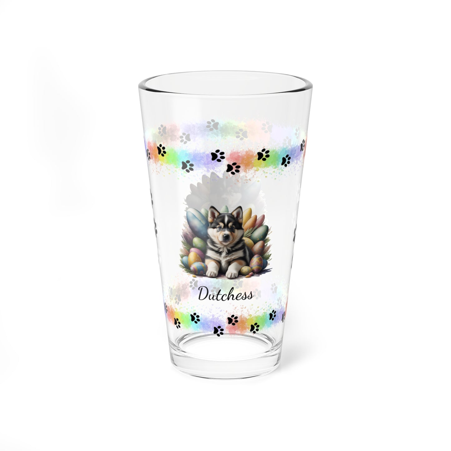 Alaskan Malamute Personalized Easter Puppy 16oz Pint Glass - Custom Dog Design, Mental Health Gift, Easter Décor, and Festive Celebrations