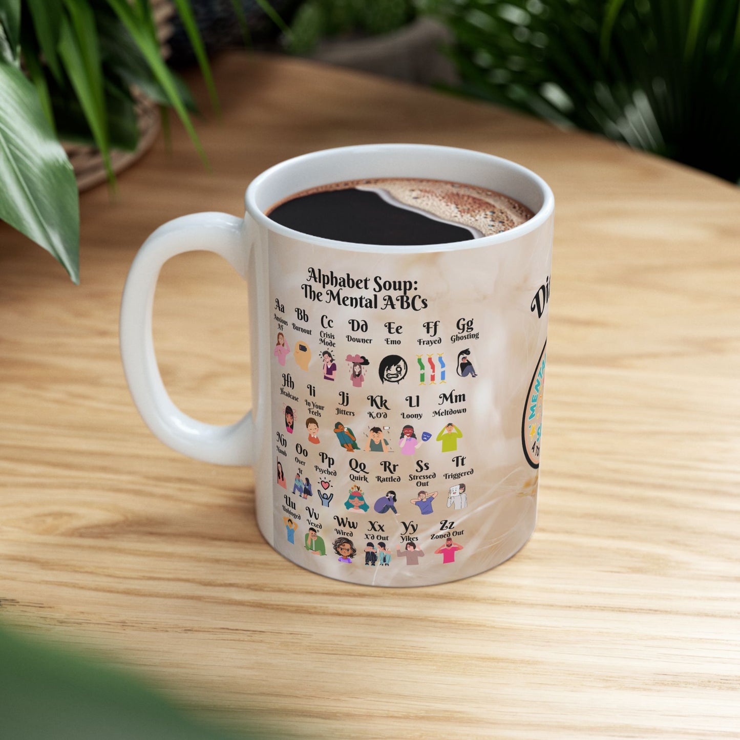 Personalized Alphabet Soup Mug with A to Z Mental Health Slang in bold colors, perfect for therapy support and self-care routines.