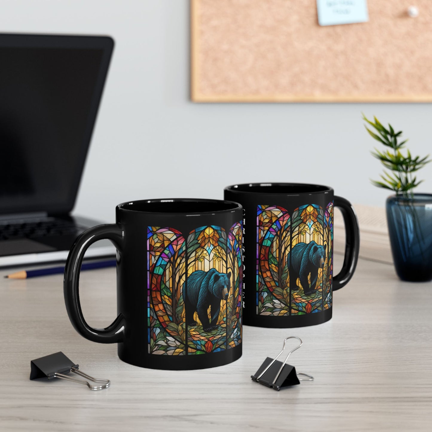 Bear personalized stained glass mug for coffee, tea, or hot chocolate, perfect wildlife lover gift.
