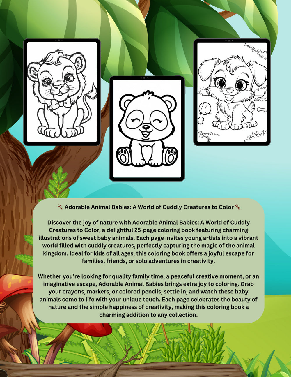Baby animal coloring book featuring cute forest creatures and playful scenes