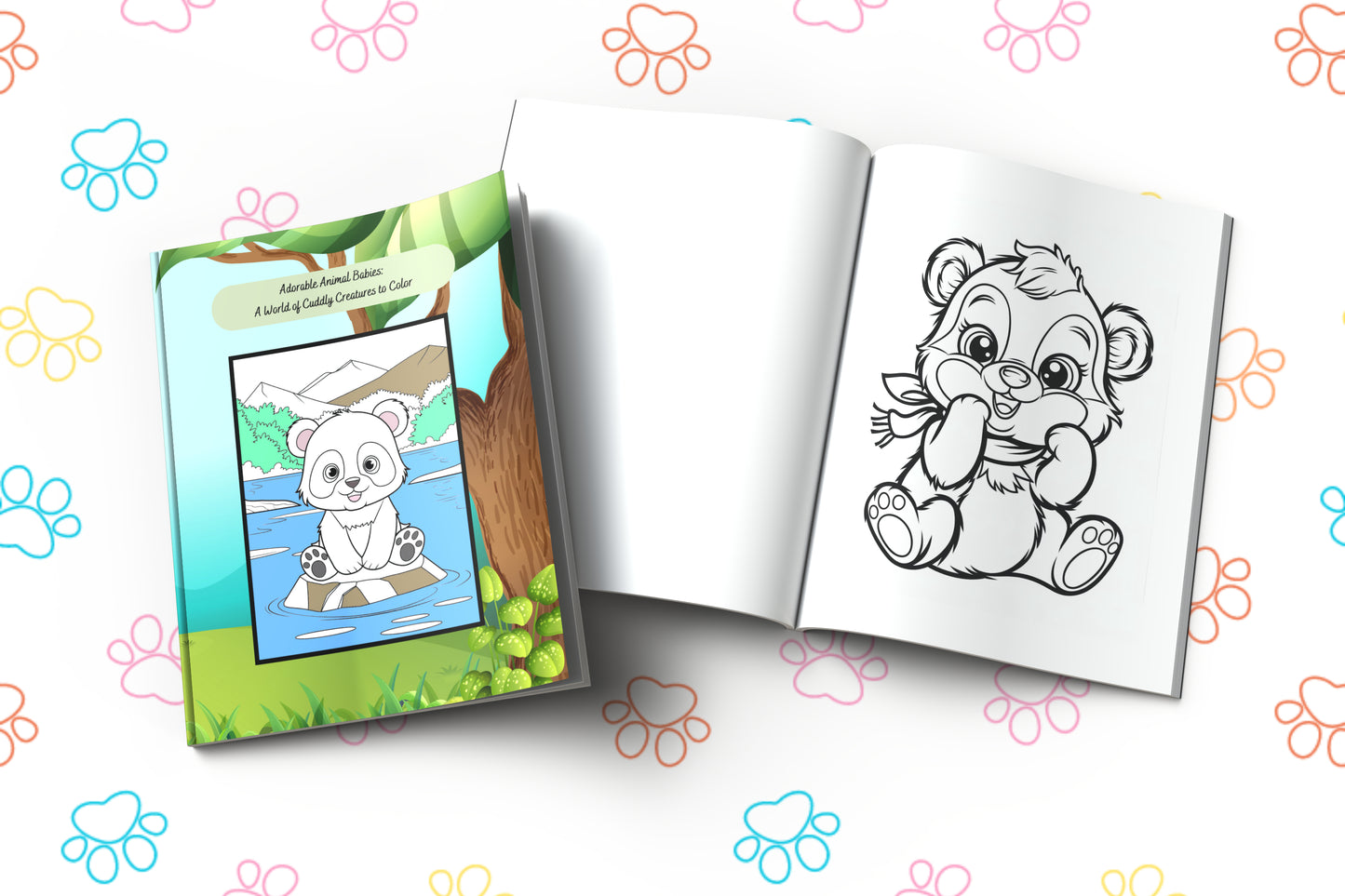 Baby animal coloring book featuring cute forest creatures and playful scenes