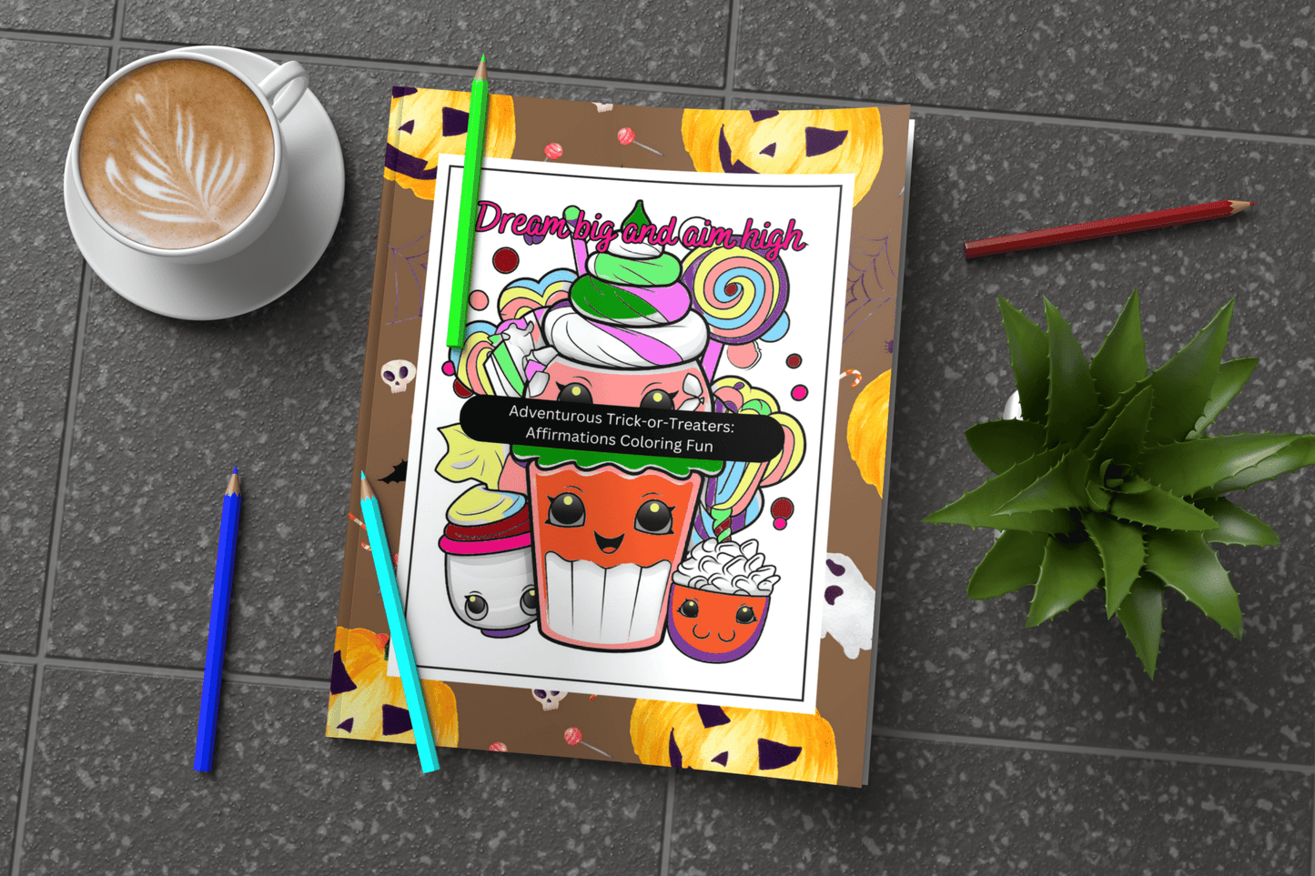 Halloween kids coloring book with trick-or-treat characters and affirmations