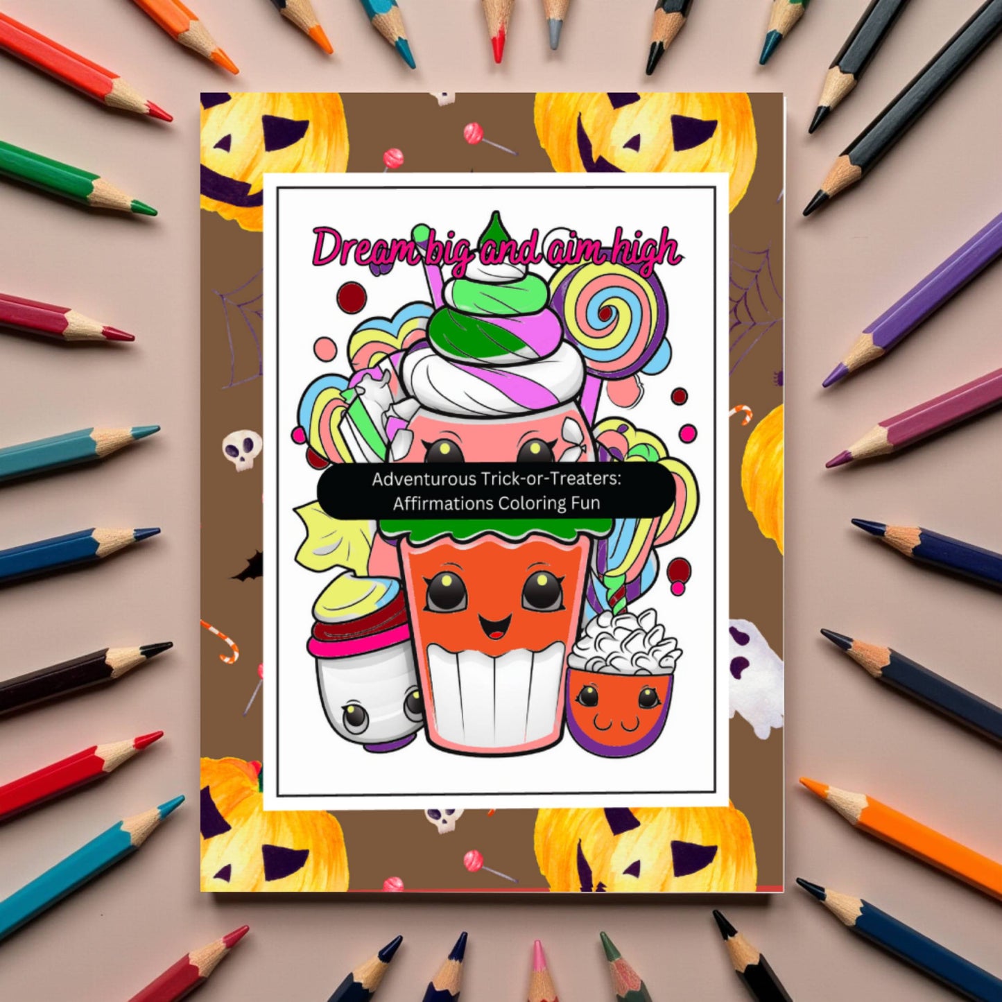 Halloween kids coloring book with trick-or-treat characters and affirmations