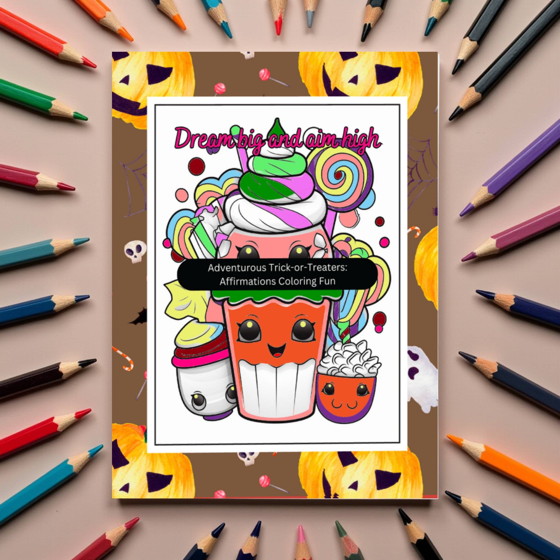 Halloween kids coloring book with trick-or-treat characters and affirmations