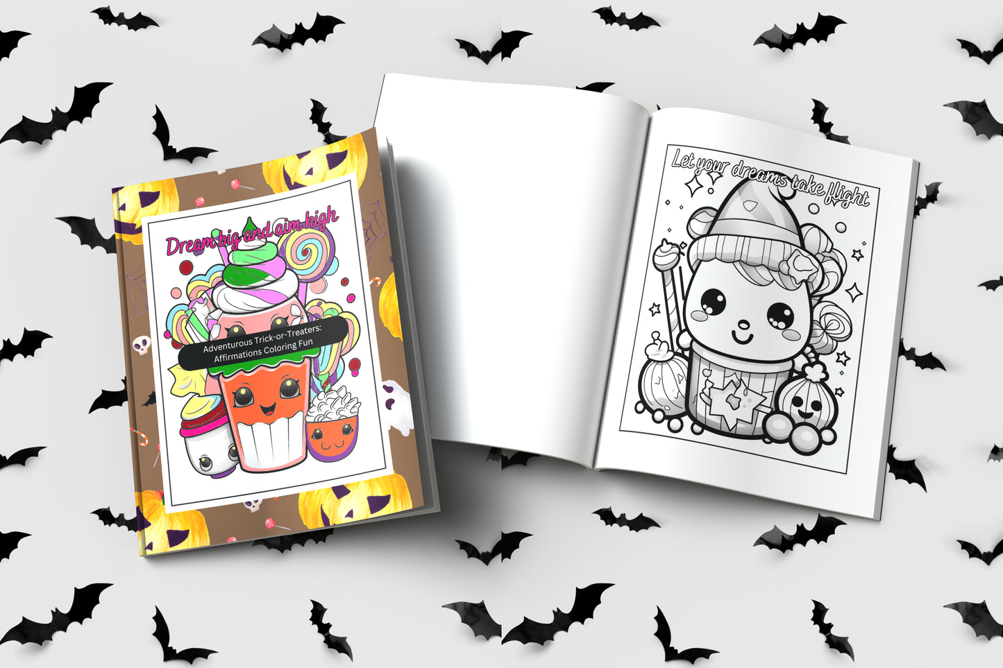 Halloween kids coloring book with trick-or-treat characters and affirmations