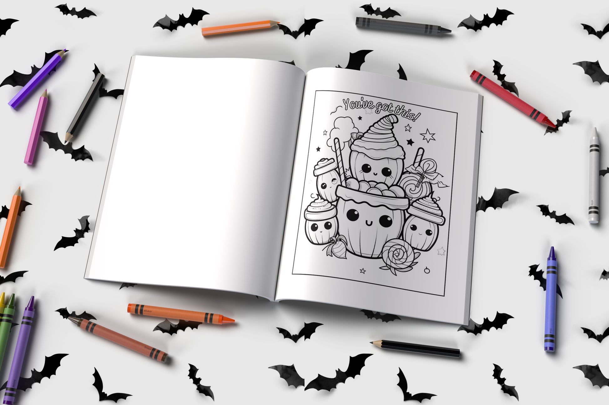 Halloween kids coloring book with trick-or-treat characters and affirmations