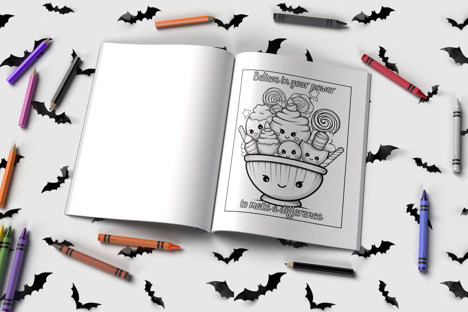 Halloween kids coloring book with trick-or-treat characters and affirmations