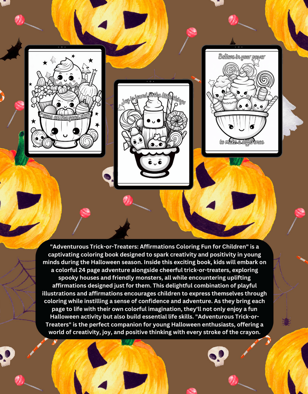 Halloween kids coloring book with trick-or-treat characters and affirmations