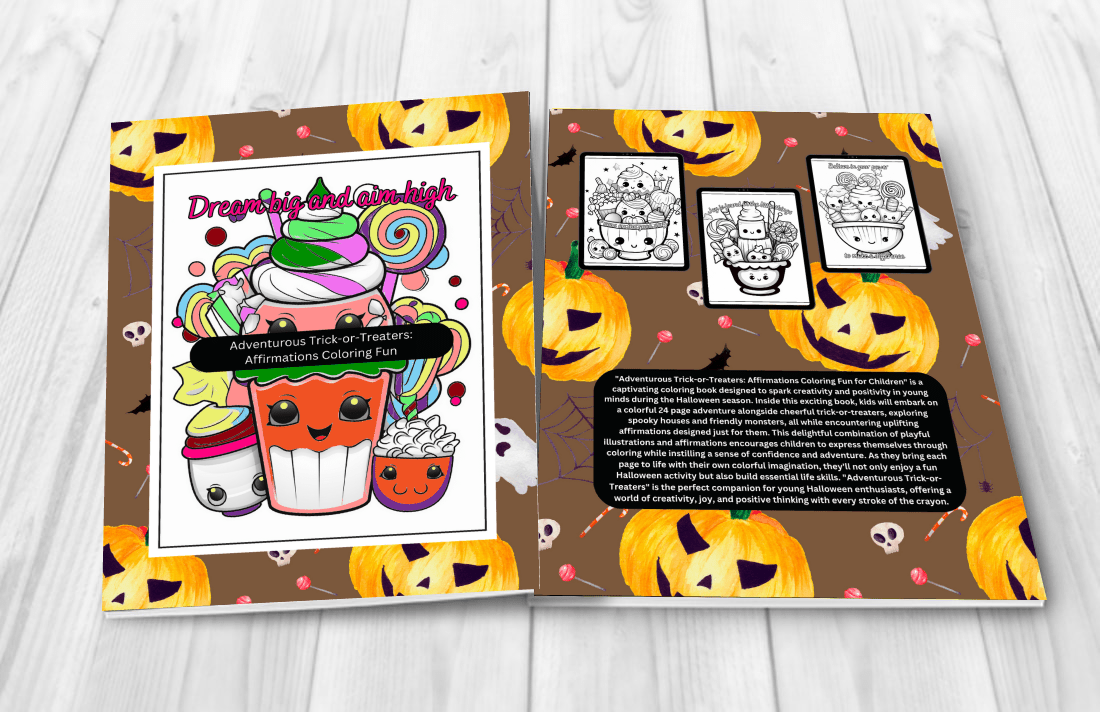 Halloween kids coloring book with trick-or-treat characters and affirmations