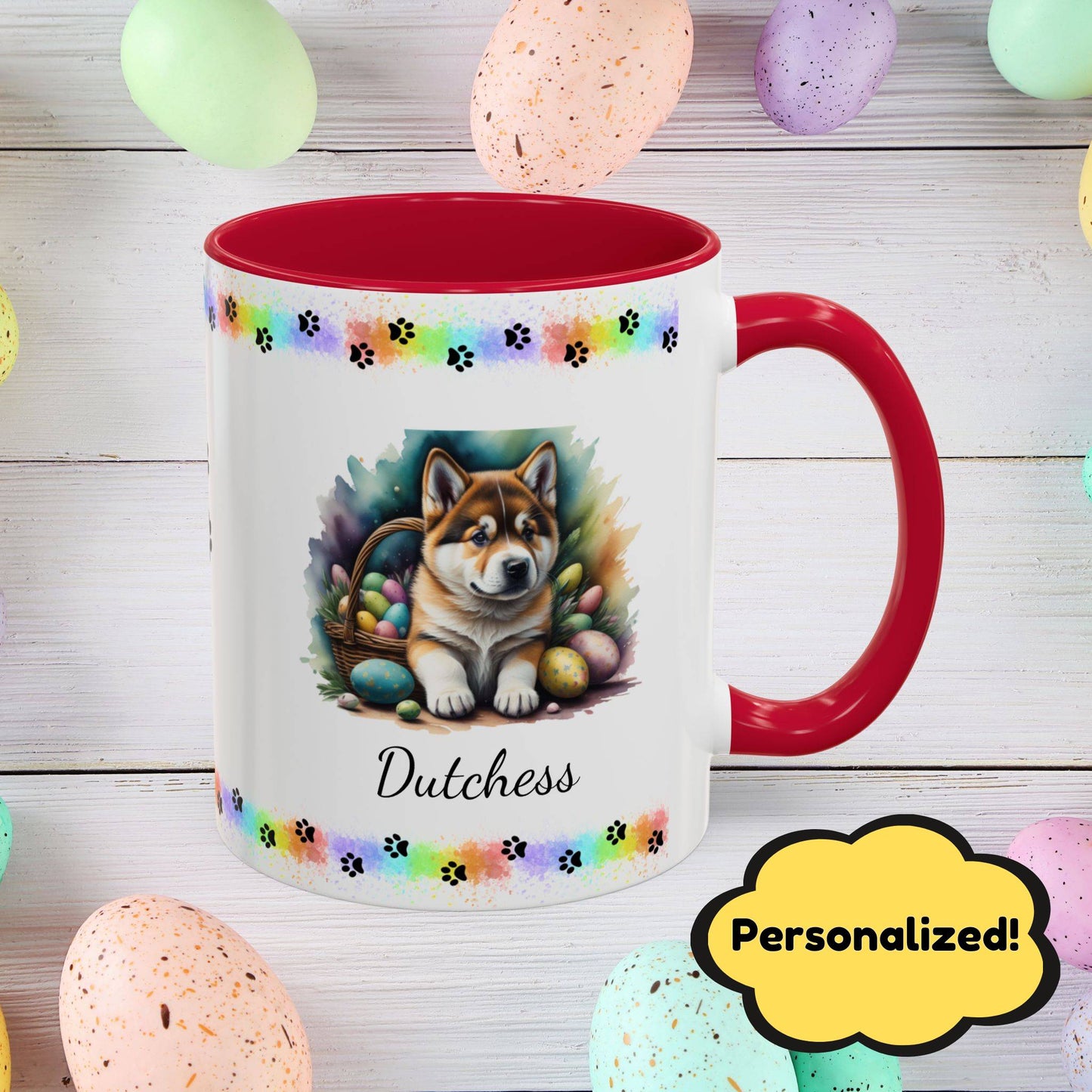 Akita personalized Easter puppy mug, cute dog coffee cup gift for mental health awareness and cozy sipping