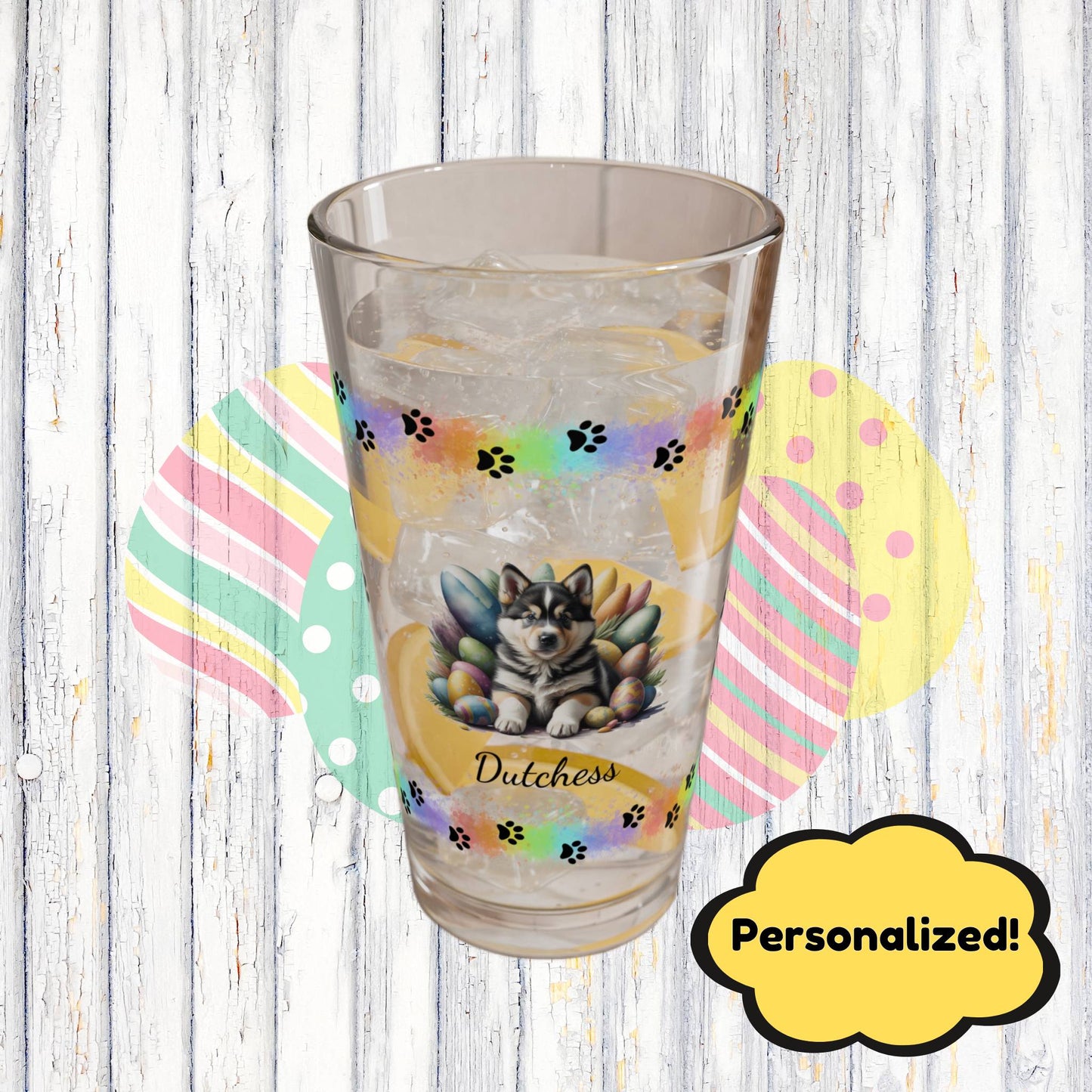 Alaskan Malamute Personalized Easter Puppy 16oz Pint Glass - Custom Dog Design, Mental Health Gift, Easter Décor, and Festive Celebrations