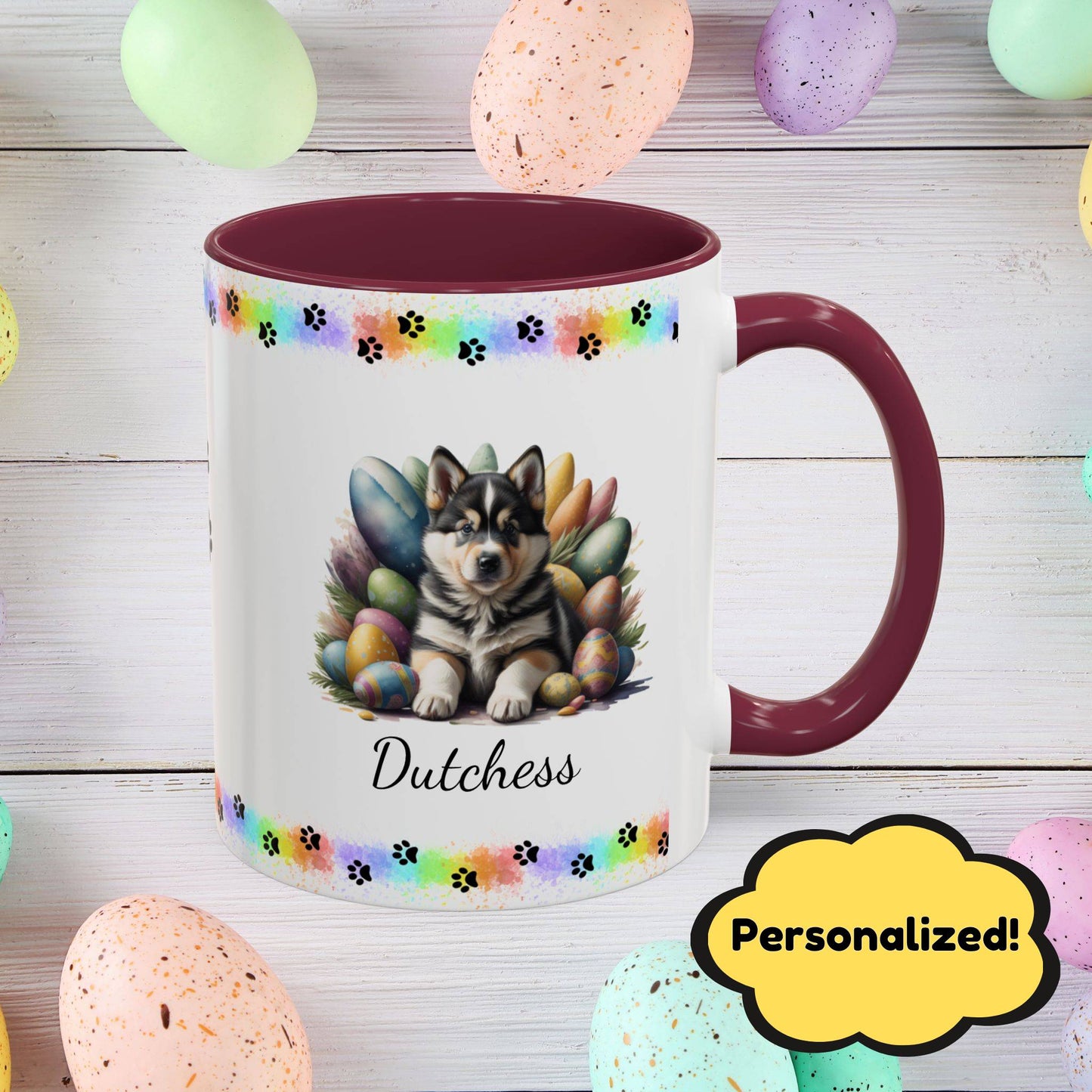 Alaskan Malamute Easter puppy coffee mug, personalized cute dog gift for mental health support and comfort