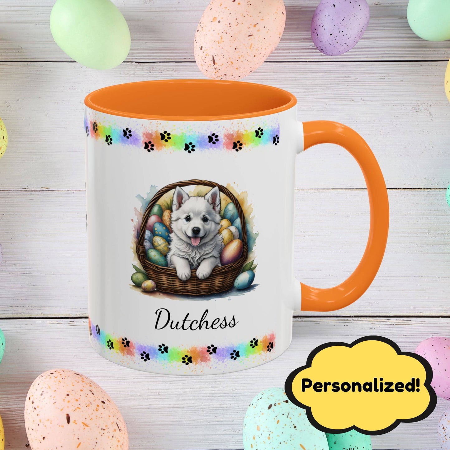 American Eskimo personalized Easter puppy mug, cute dog coffee cup, mental health awareness gift for dog lovers