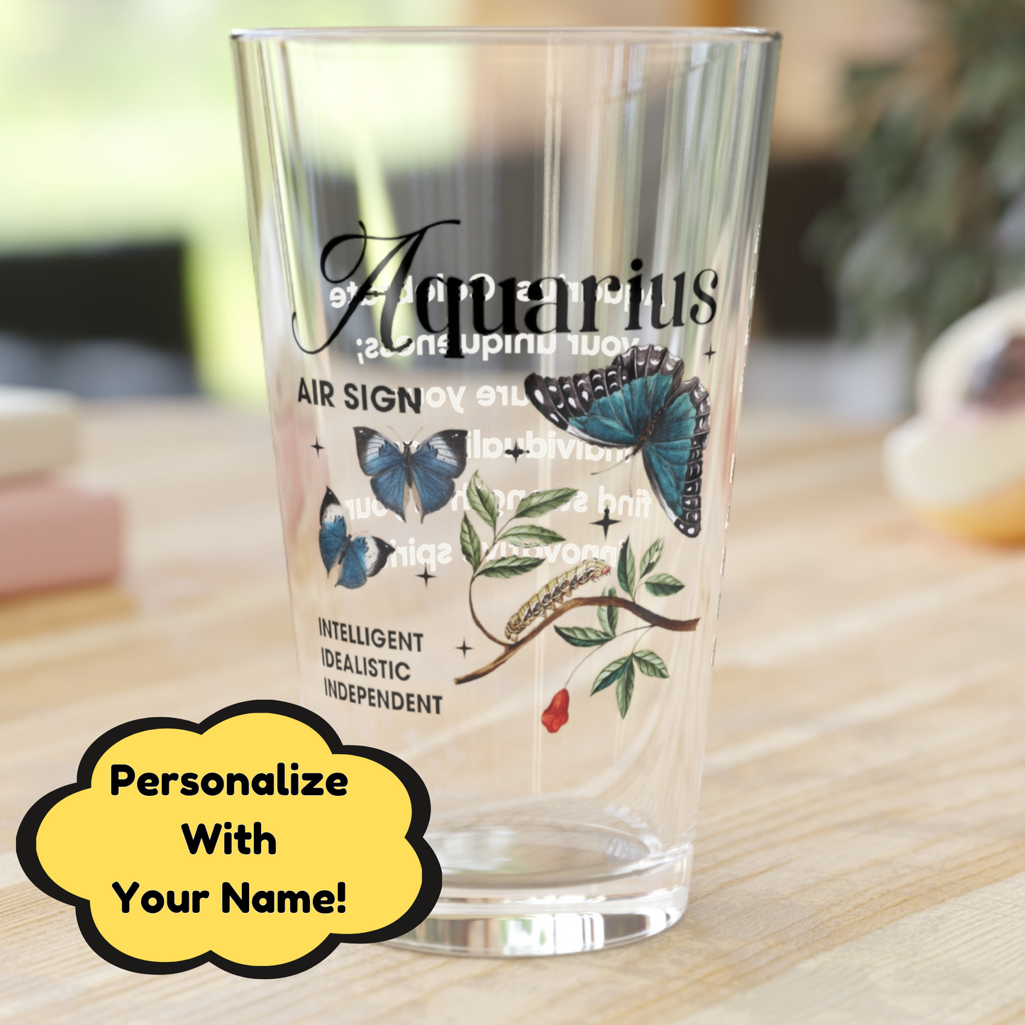 Aquarius zodiac pint glass, personalized astrology drinkware, 16oz horoscope gift for star sign lovers