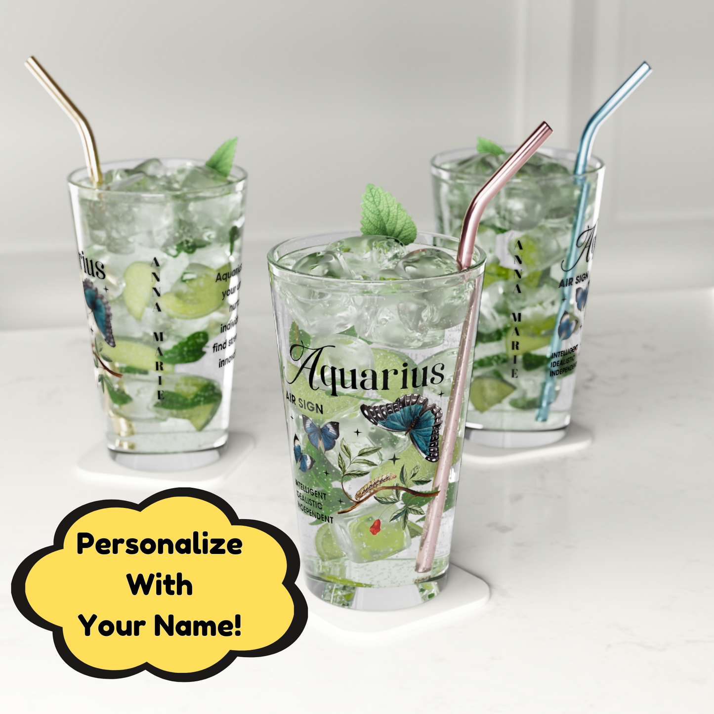 Aquarius zodiac pint glass, personalized astrology drinkware, 16oz horoscope gift for star sign lovers