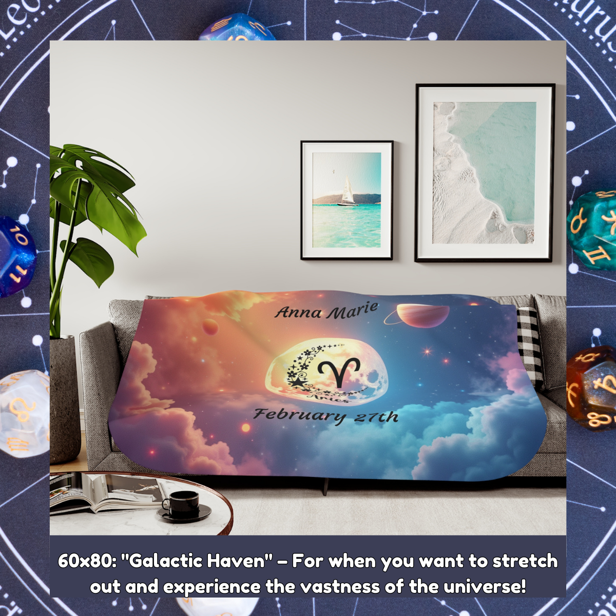 Custom astrology throw for Aries zodiac sign with celestial constellation design. Ideal for self-care and emotional healing.