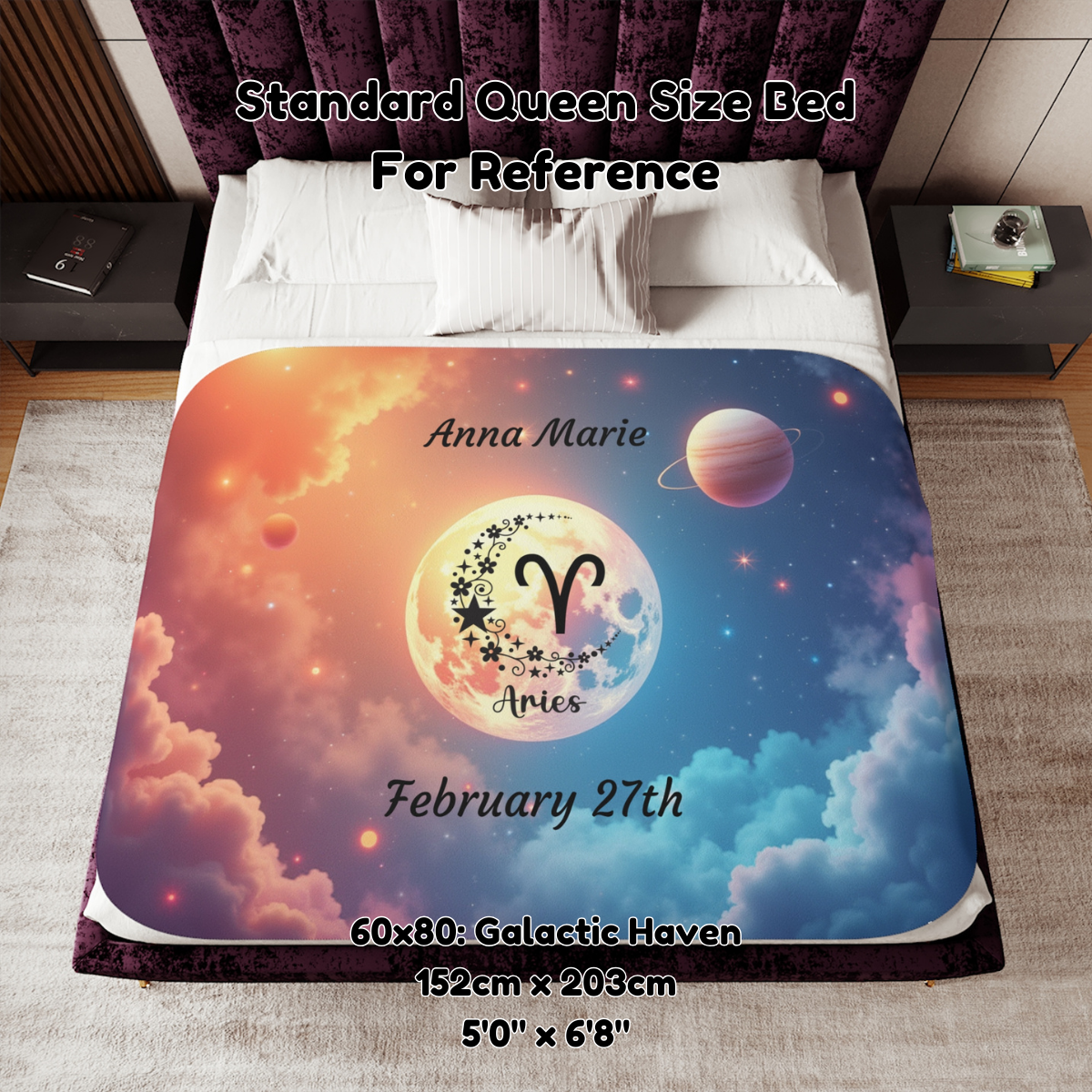 Custom astrology throw for Aries zodiac sign with celestial constellation design. Ideal for self-care and emotional healing.