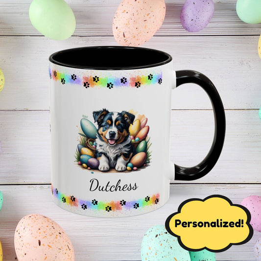 Australian Shepherd personalized Easter puppy mug, adorable cute dog coffee cup, mental health awareness gift