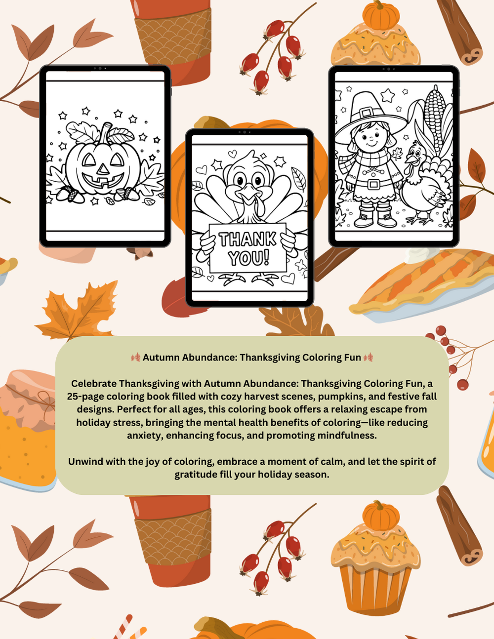 Thanksgiving mindfulness coloring pages with autumn leaves and calming quotes