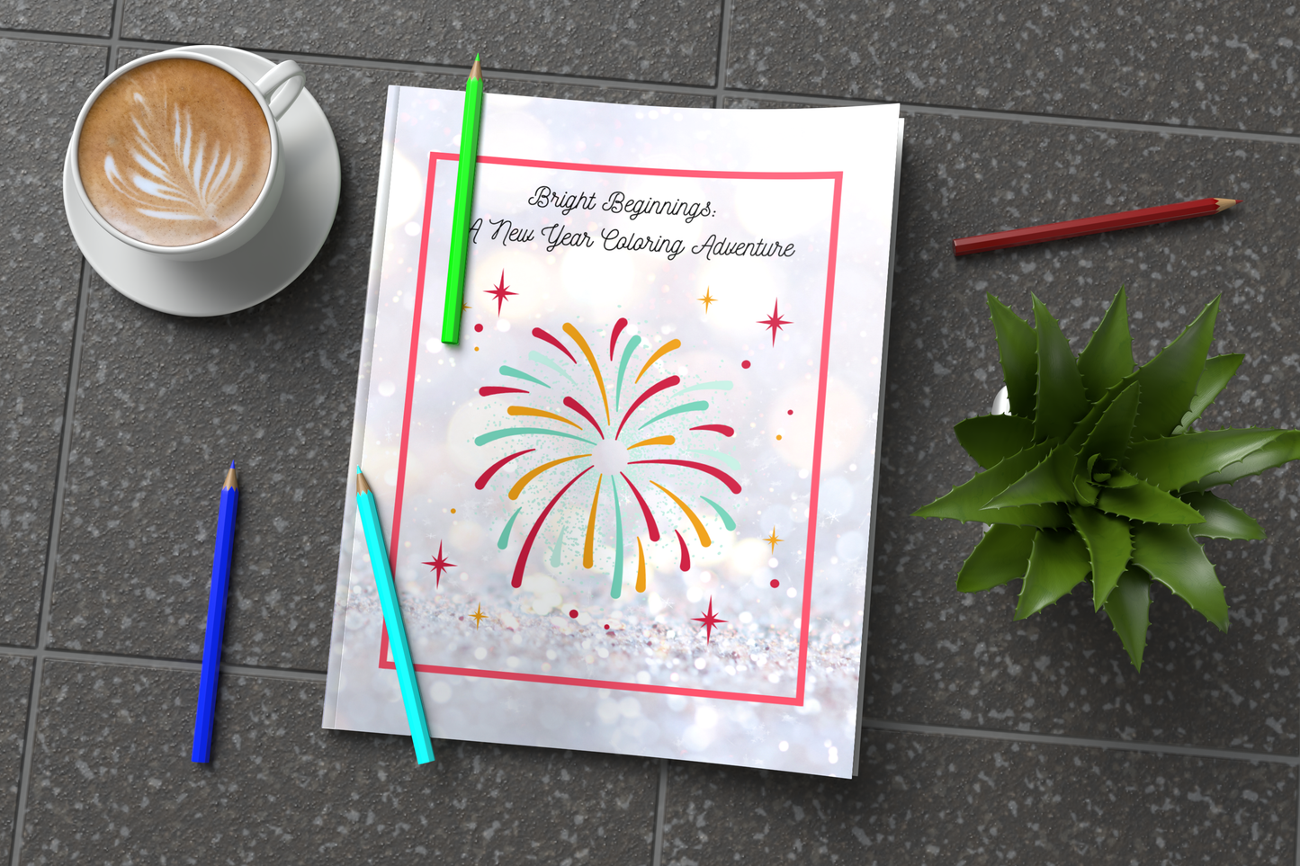 New Year coloring book with fireworks, reflections, and hopeful themes