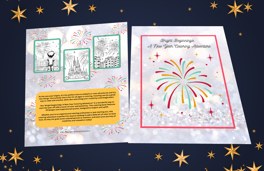 New Year coloring book with fireworks, reflections, and hopeful themes