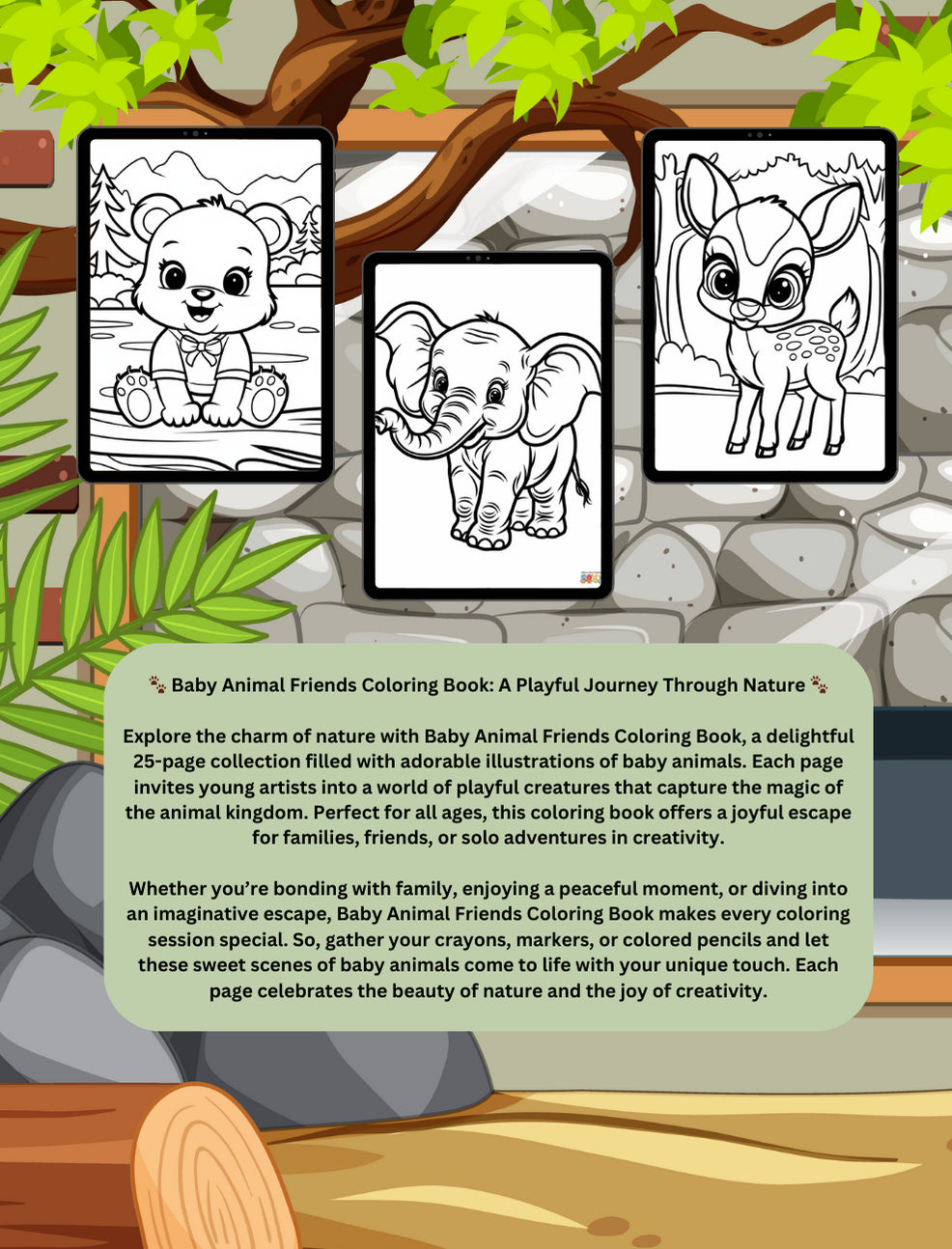 Cute baby animal coloring book with friendly woodland creatures