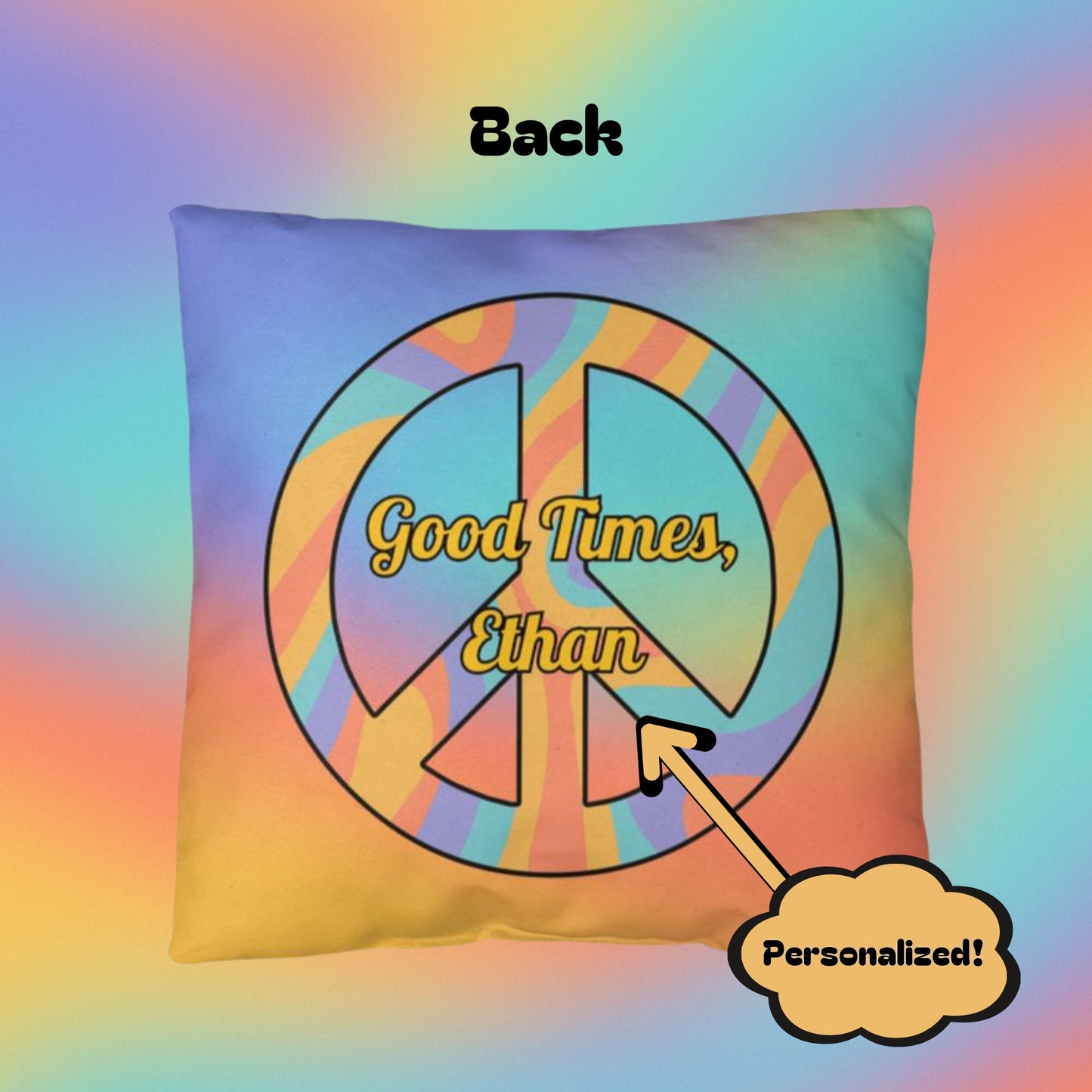 Groovy personalizable pillow with “Vibes First, Worries Later” in upbeat lettering and rainbow tones for peaceful home accents