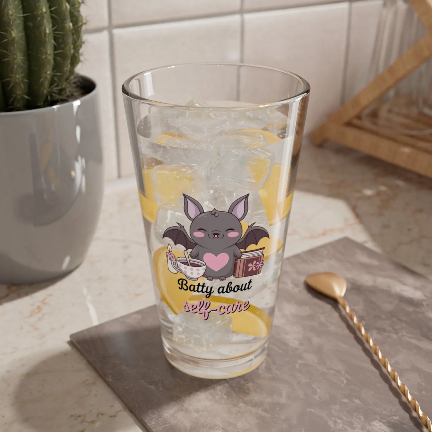 Shop our premium batty about self care halloween pint glass 16oz from MySisterIsASurvivor.