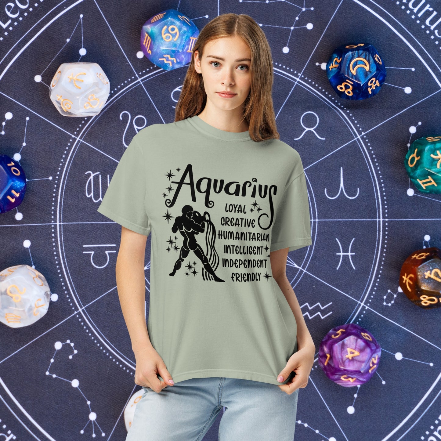 Aquarius Zodiac Comfort Colors Shirt - Unisex astrology t-shirt with Aquarius symbol and traits, mental health support gift
