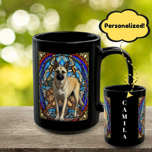 Shop our belgian malinois cream personalized mug with stained glass design 11oz 15oz featuring the 15oz style option from MySisterIsASurvivor.