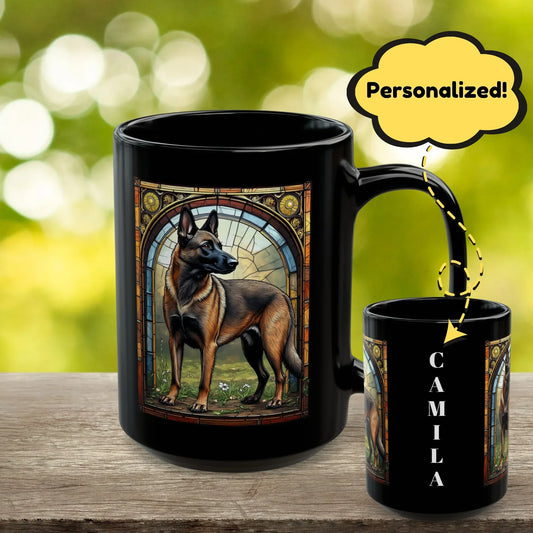 Shop our belgian malinois fawn sable personalized mug with stained glass design 11oz 15oz featuring the 15oz style option from MySisterIsASurvivor.