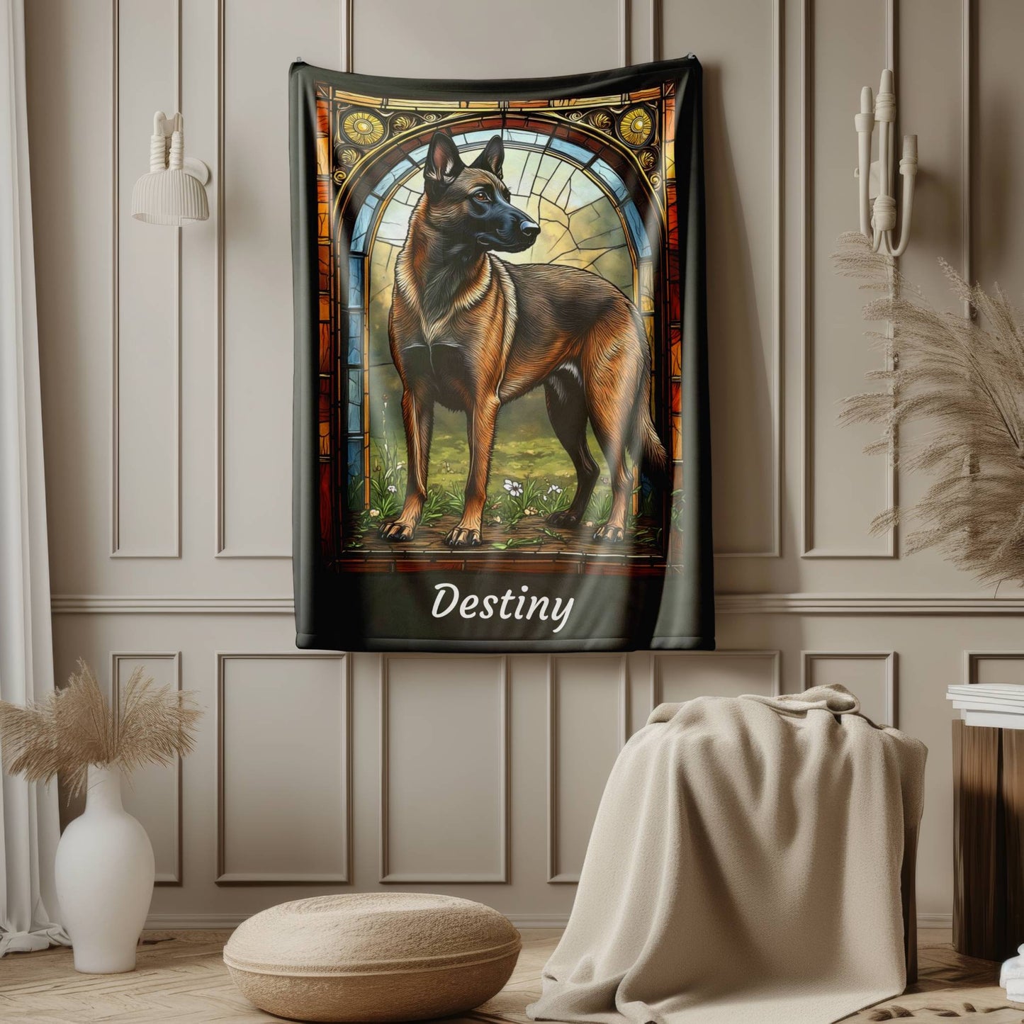 Belgian Malinois (Fawn Sable) Velveteen Plush Stained Glass Dog Blanket, Pet Lover Gift