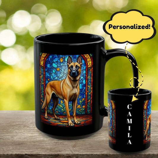 Shop our belgian malinois fawn personalized mug with stained glass design 11oz 15oz featuring the 15oz style option from MySisterIsASurvivor.