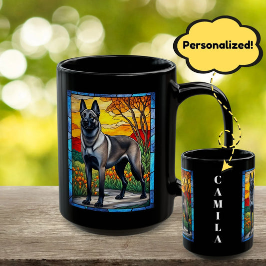 Shop our belgian malinois gray sable personalized mug with stained glass design 11oz 15oz featuring the 15oz style option from MySisterIsASurvivor.