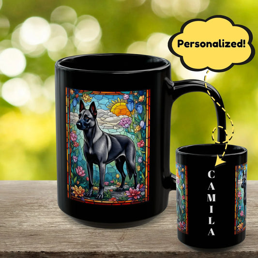 Shop our belgian malinois gray personalized mug with stained glass design 11oz 15oz featuring the 15oz style option from MySisterIsASurvivor.