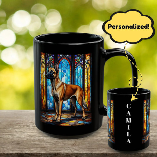Shop our belgian malinois mahogany personalized mug with stained glass design 11oz 15oz featuring the 15oz style option from MySisterIsASurvivor.