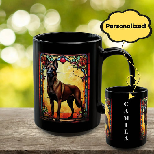 Shop our belgian malinois red sable personalized mug with stained glass design 11oz 15oz featuring the 15oz style option from MySisterIsASurvivor.